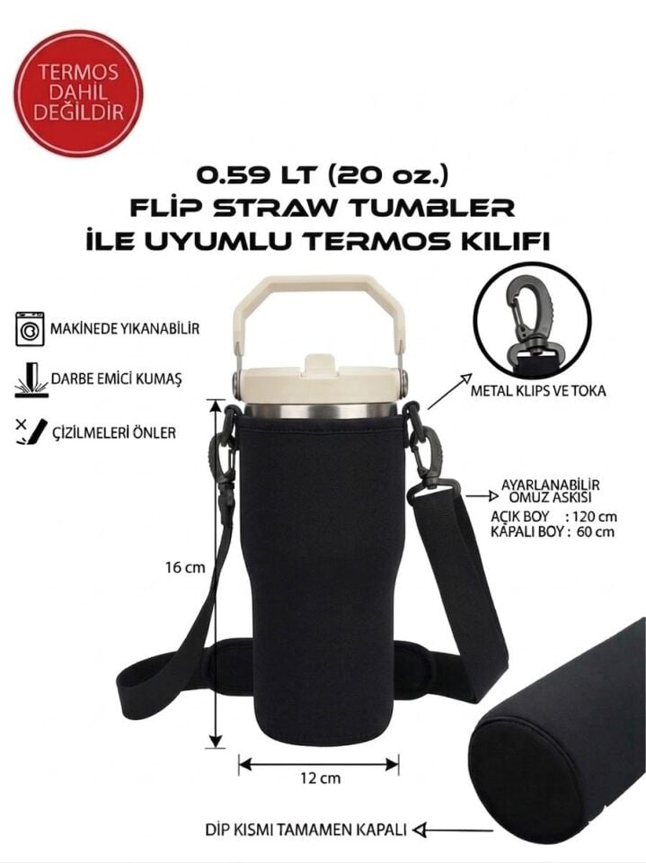Safir Kamp Flip Straw Tumbler 0.59 Lt. (20 oz.) Uyumlu Omuz Askılı Termos Kılıfı